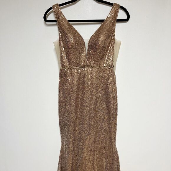 Abby Paris by Lucci Lu Long Sexy Bronze Sequin/rhinestone Deep V Gown Dress Sz 4 - Picture 9 of 14